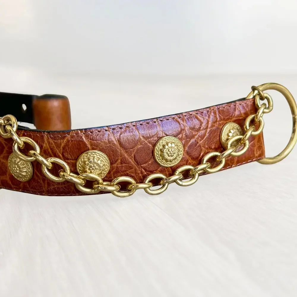 Vintage Sandy Duftler Croc Leather Chain Concho Belt Brown Brass Size AS IS